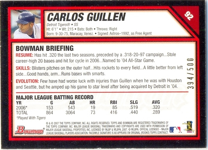 Barajita Carlos Guillen Bowman Detroit 2007 # 92  - Numisfila