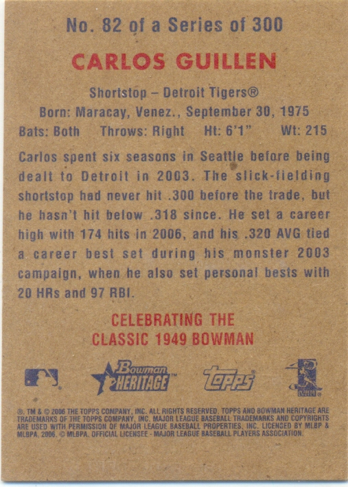 Barajita Carlos Guillen Bowman Heritage Tigers 2006 # 82  - Numisfila