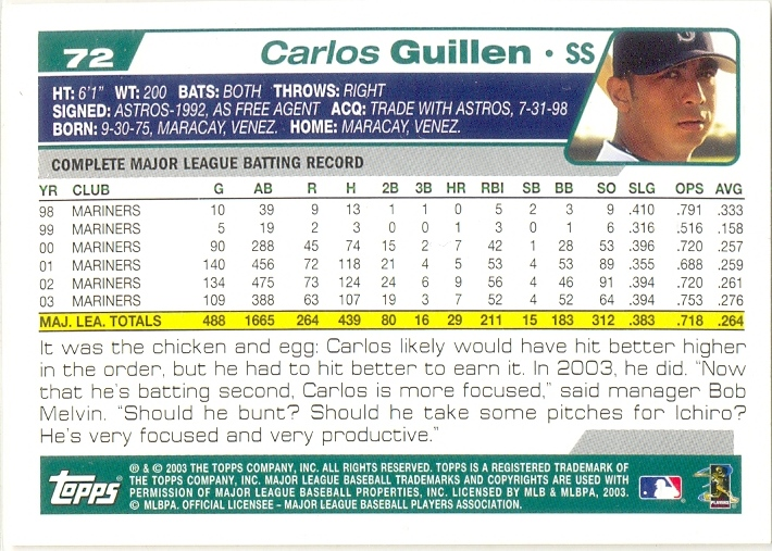 Barajita Carlos Guillen Topps Mariners 2004 # 72  - Numisfila