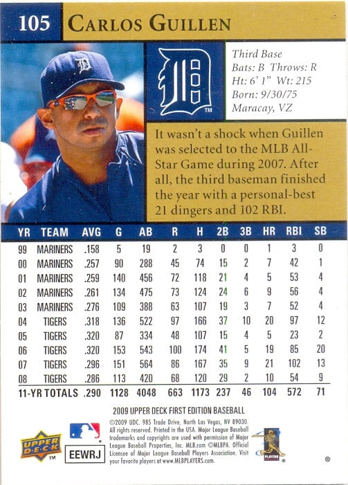 Barajita Carlos Guillen Upper First Edition Detroit 2009 # 105  - Numisfila