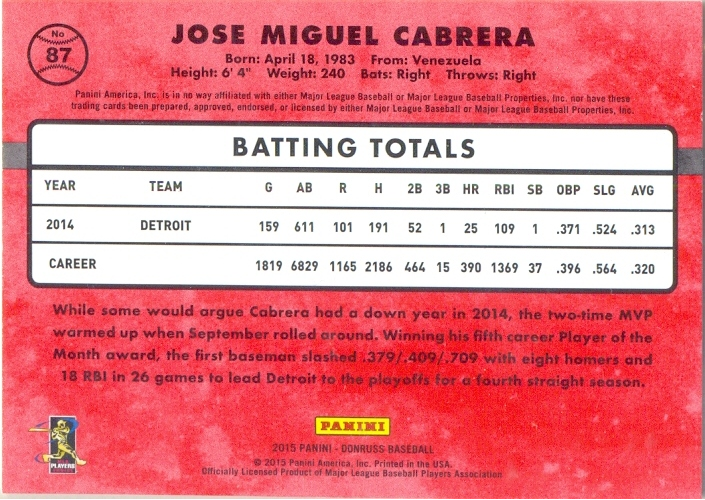 Barajita Miguel Cabrera Donruss 2015 # 87  - Numisfila