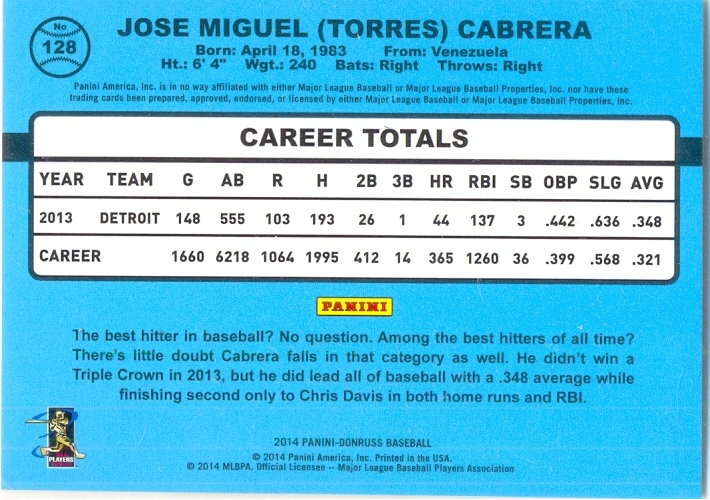 Barajita Miguel Cabrera Donruss 2014 # 128  - Numisfila