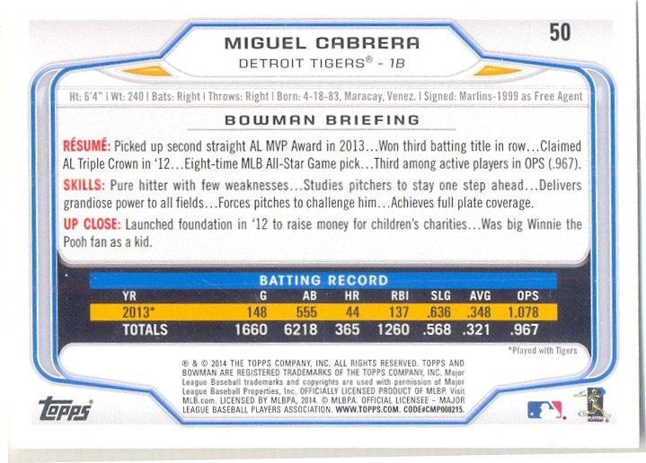Barajita Miguel Cabrera Bowman 2014 # 50  - Numisfila