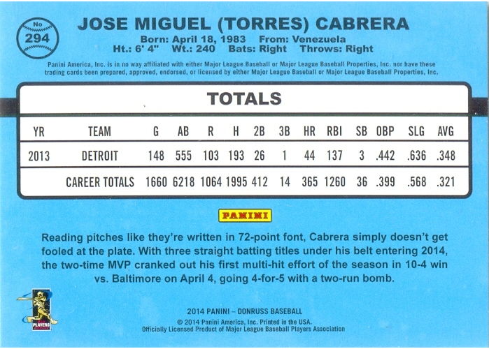 Barajita Miguel Cabrera Donruss 2014 # 294  - Numisfila