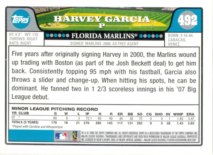 Barajita Harvey Garcia Topps 2008 # 492  - Numisfila