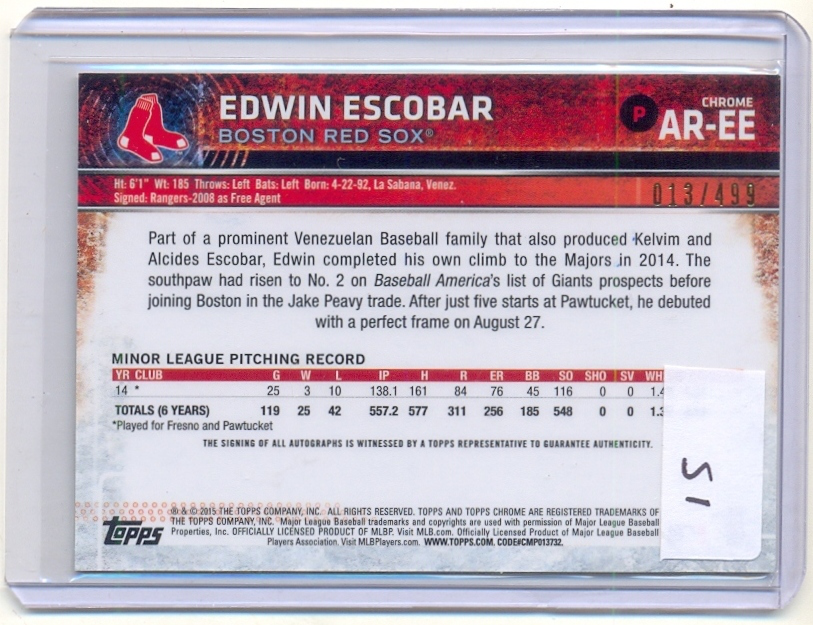  Barajita Autografiada y Certificada Edwin Escobar Topps Chrome Refractor 2015  - Numisfila