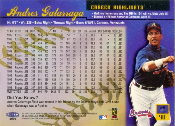 Barajita Andrés Galarraga Fleer 1999 #48  - Numisfila