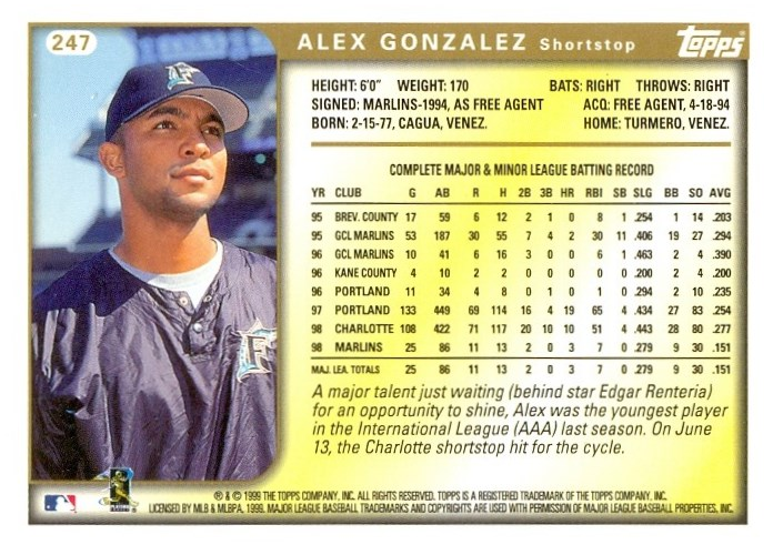 Barajita Alex González Topps 1999 #247  - Numisfila