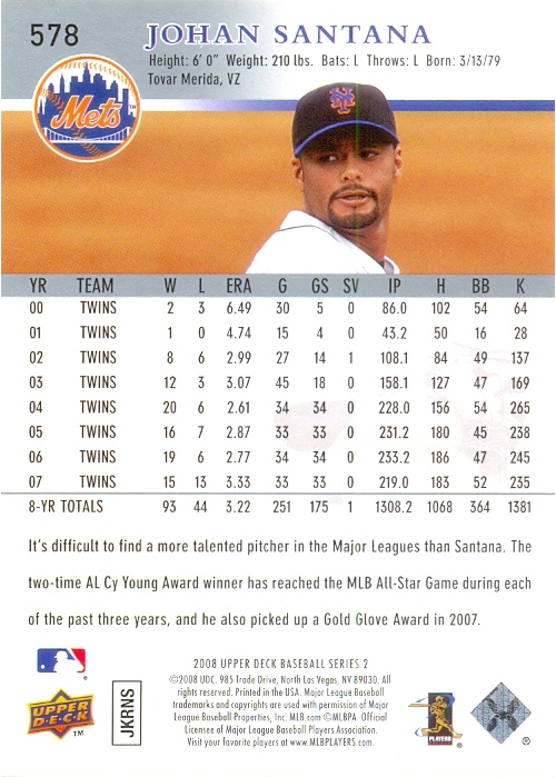 Barajita Johan Santana Upper 2008 # 578  - Numisfila