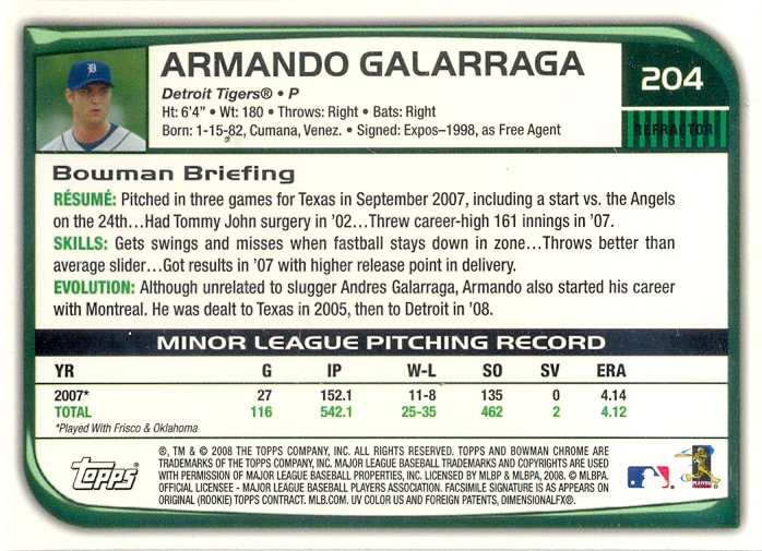 Barajita Armando Galarraga Bowman Chrome 2008 #204  - Numisfila