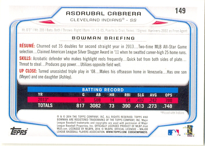 Barajita Asdrúbal Cabrera Bowman 2014 # 149  - Numisfila