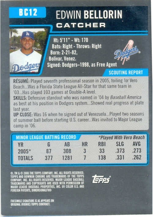 Barajita Edwin Bellorin Bowman Chrome 2006 # BC12  - Numisfila