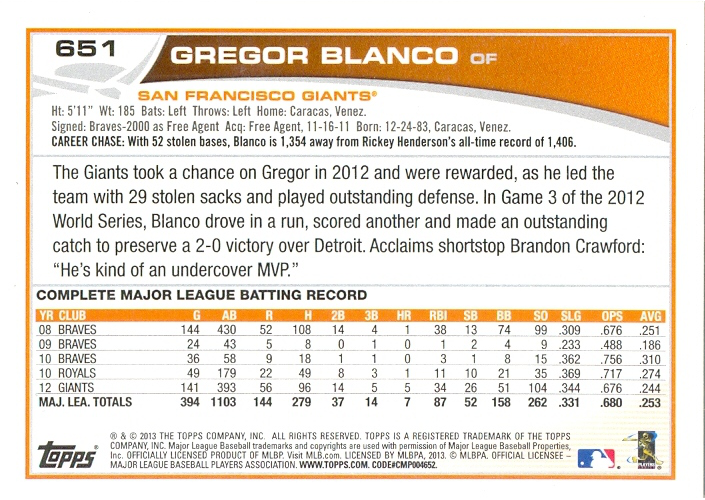 Barajita Gregor Blanco Topps 2013 # 651  - Numisfila