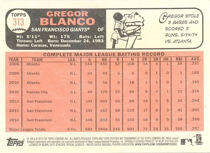 Barajita Gregor Blanco Topps 2015 # 313  - Numisfila