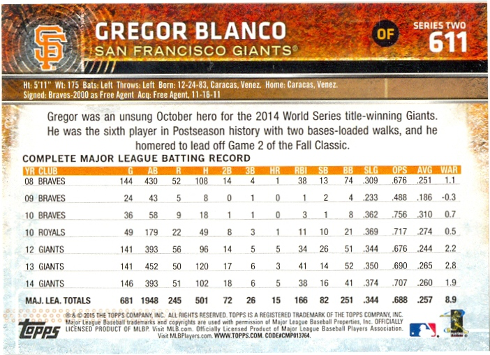 Barajita Gregor Blanco Topps 2015 # 611  - Numisfila