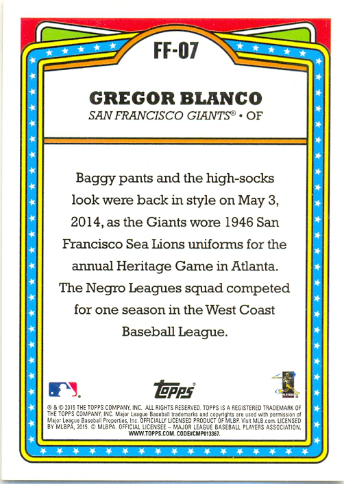 Barajita Gregor Blanco Topps 2015 # FF-07  - Numisfila
