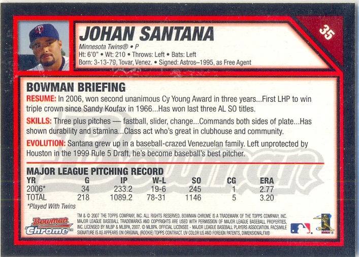 Barajita Johan Santana Bowman Chrome 2007 # 35  - Numisfila