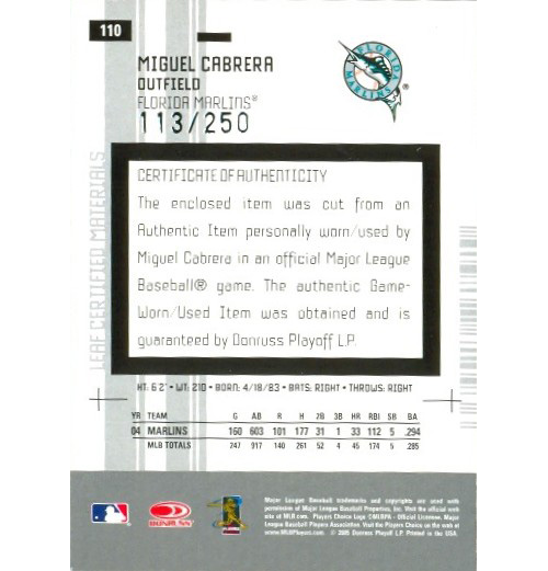 Barajita Miguel Cabrera - Fragmento Bate Leaf 2005   - Numisfila