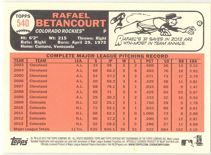 Barajita Rafael Betancourt Topps 2015 # 540  - Numisfila