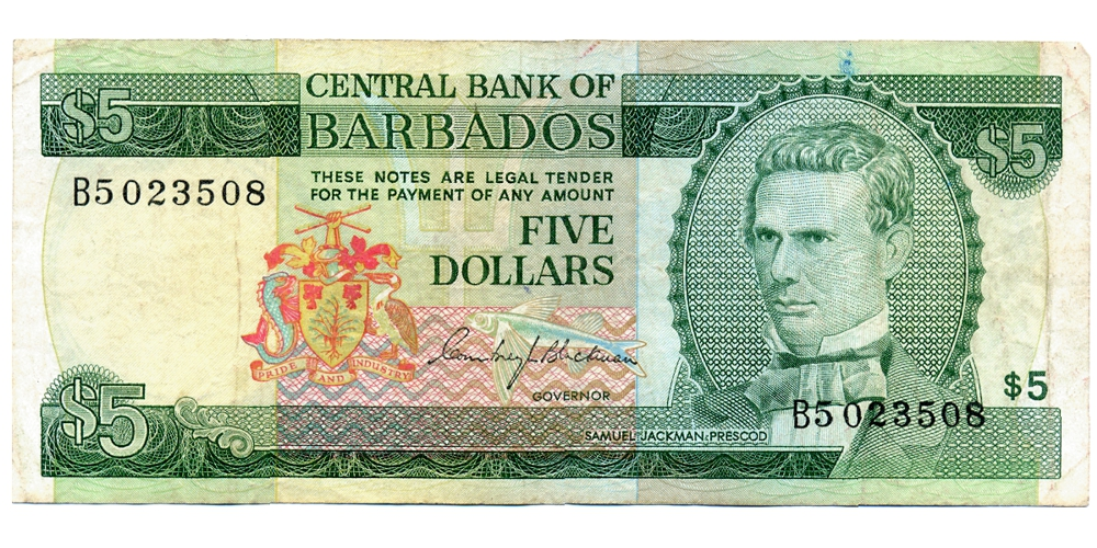 Billete Barbados 5 Dólares 1973  Samuel Jackman Prescod - Numisfila