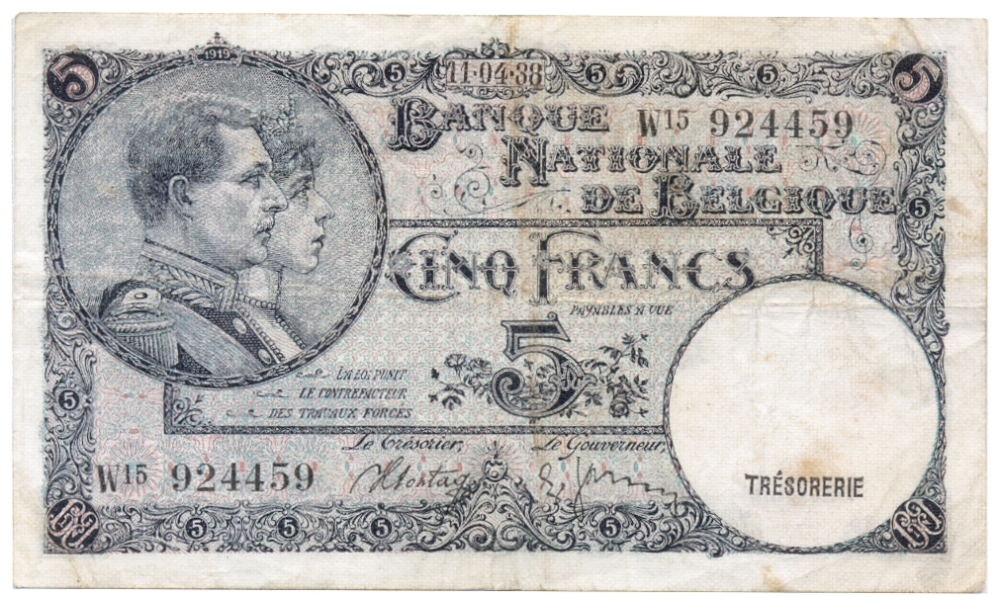 Billete Bélgica 5 Francs 1938 "Trésorerie" -  Rey Leopoldo III  - Numisfila