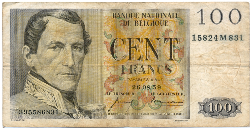 Billete Bélgica 100 Francos 1959 - Rey Leopoldo I - Numisfila