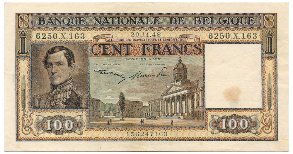Billete Bélgica 100 Francs 1948 - Rey Leopoldo I - Numisfila
