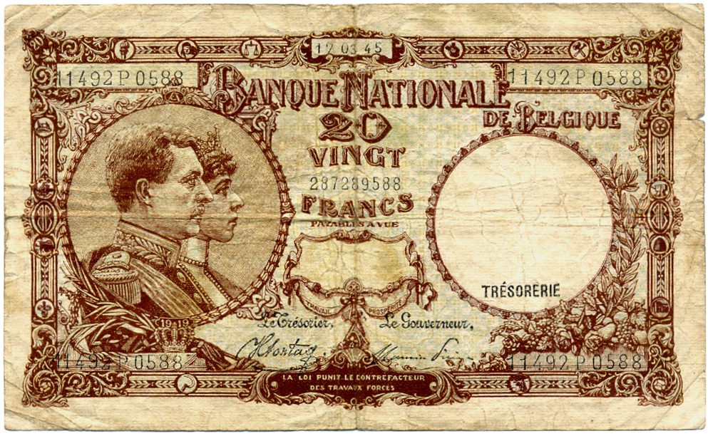 Billete Bélgica 20 Francos 1945 - Rey Alberto y la Reina Isabel - Numisfila