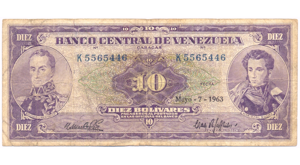 Billete 10 Bolívares 1963 K7 Serial K5565446  - Numisfila