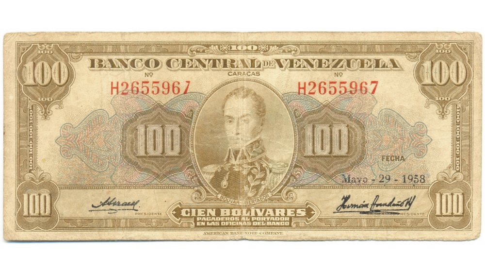 Billete 100 Bolívares 1958 H7 Serial H2655967  - Numisfila