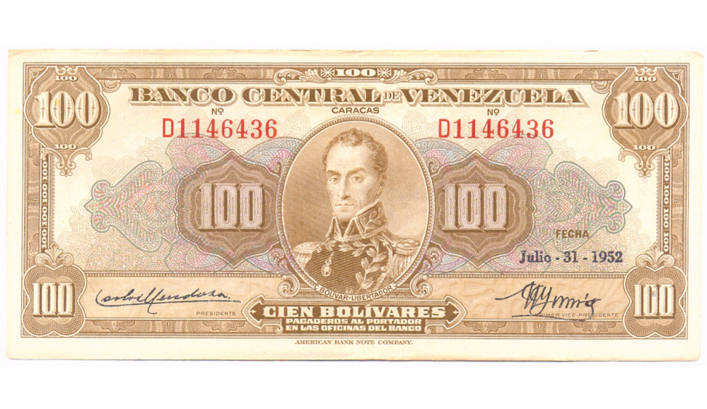 Billete 100 Bolívares Julio 1952 Buen D7 Serial D1146436  - Numisfila