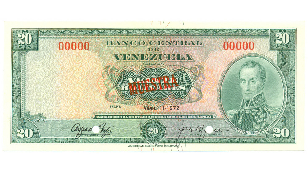 Muestra Billete 20 Bolívares 1972  - Numisfila
