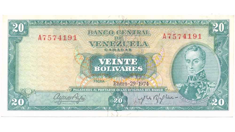 Billete 20 Bolívares Enero 1974 A7 Serial A7574191  - Numisfila