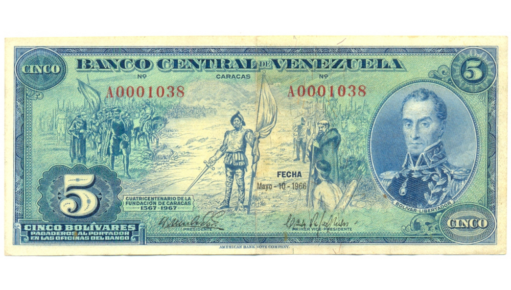 Billete 5 Bolívares 1966 Serial Bajo A0001038 Dieguito  - Numisfila