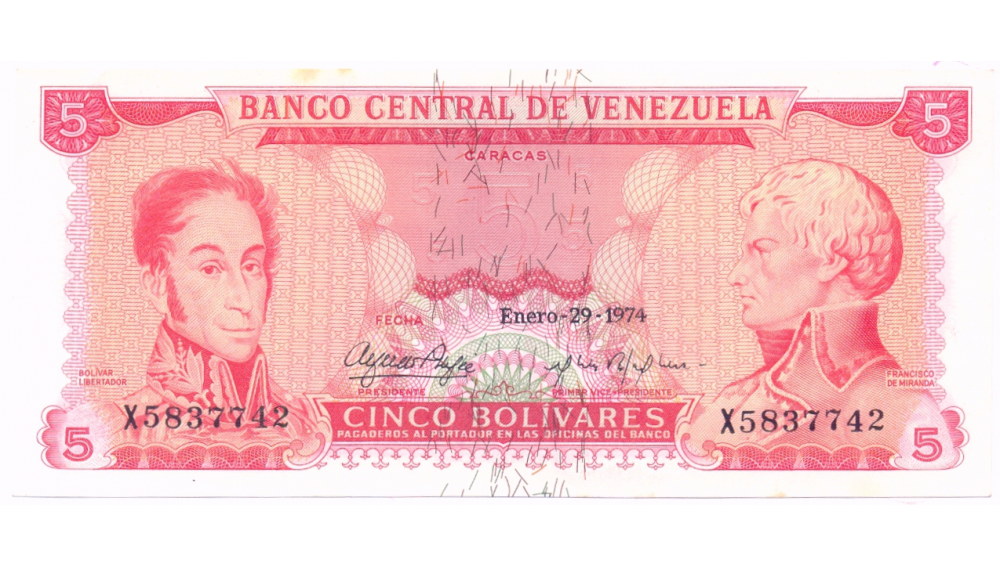 Billete 5 Bolívares 1974 X7 Serial X5837742  - Numisfila