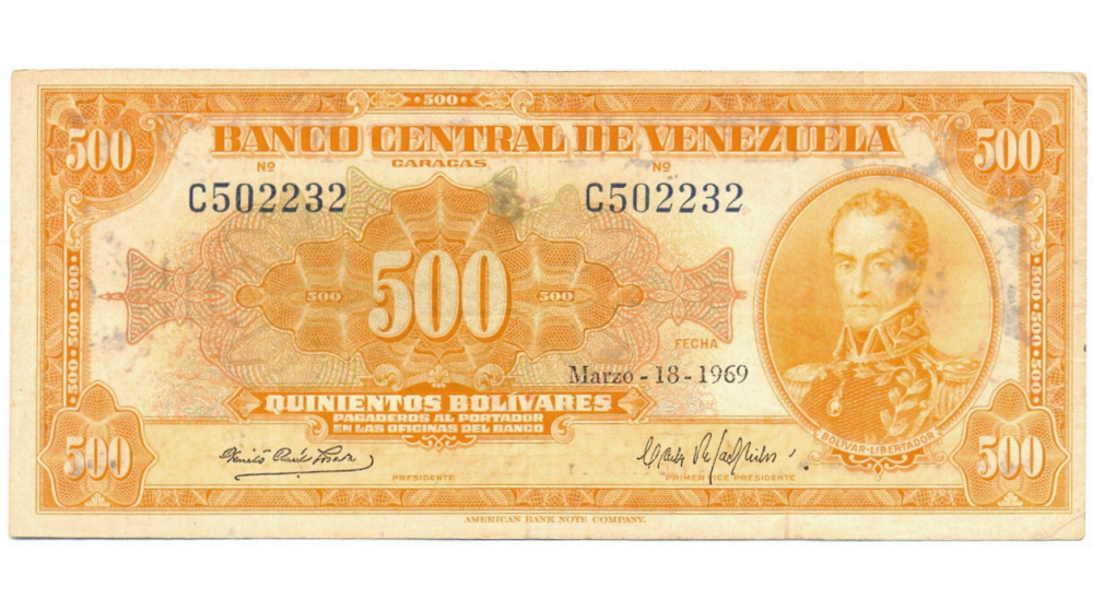 Billete 500 Bolívares 1969 Canario C6 Serial C502232  - Numisfila