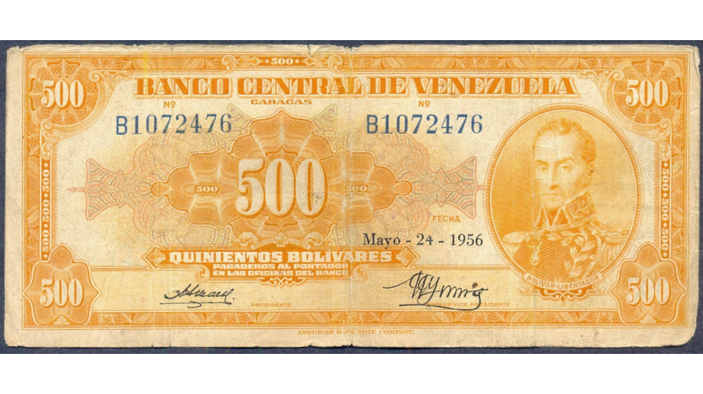 Billete Canario 500 Bolívares 1956 B7 Serial B1072476   - Numisfila