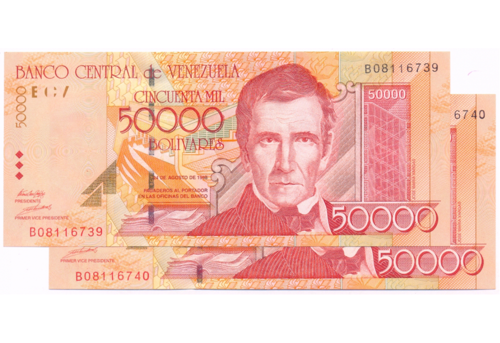 Billetes Consecutivos B8 50.000 Bs 1998 Seriales B08116739 y B08116740 - Numisfila