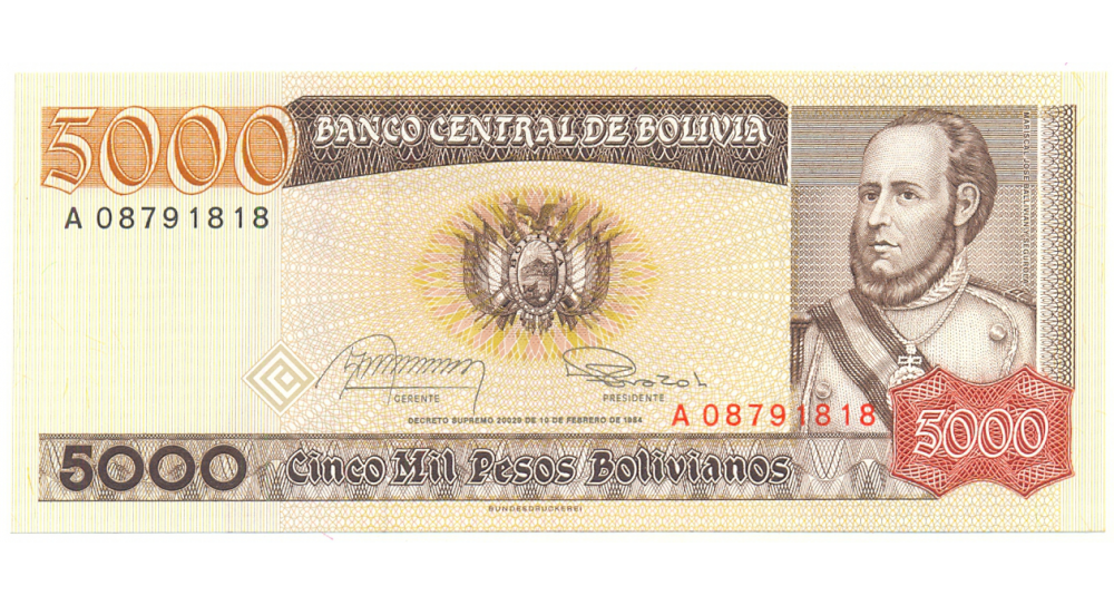 Billete Bolivia 5000 Pesos Bolivianos 1984  - Numisfila