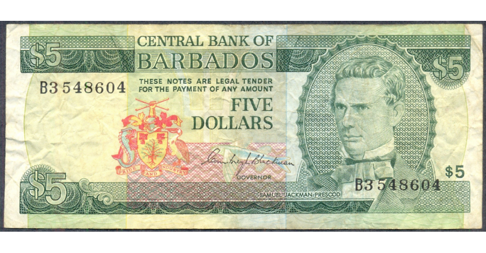 Billete Barbados 5 Dólares 1973 Prescod  - Numisfila