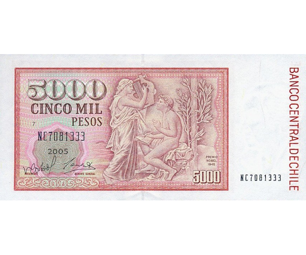 Billete Chile 5000 Pesos 2005 Gabriela Mistral  - Numisfila