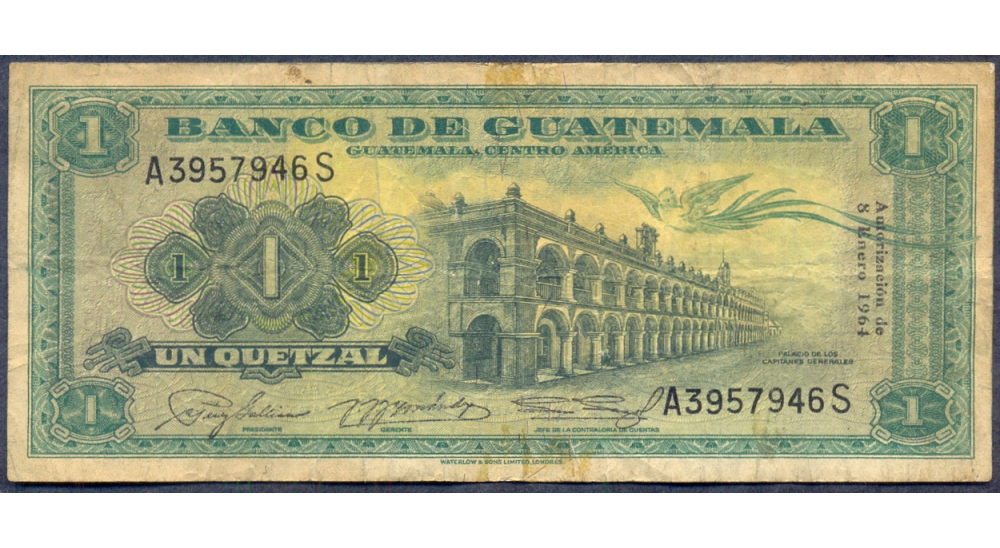 Billete Guatemala 1 Quetzal 1964 Palacio Capitanes  - Numisfila