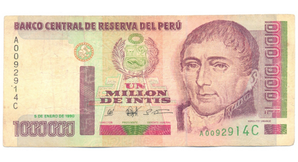 Billete Peru 1.000.000 Intis 1990 Hipolito  - Numisfila