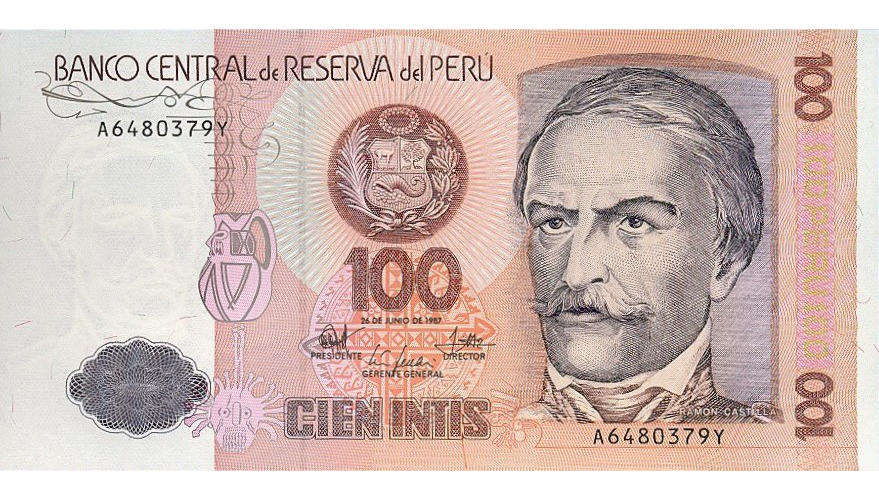 Billete Peru 100 Intis 1987 Ramón Castilla  - Numisfila