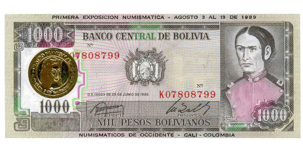Billete Souvenir Colombia 1era Exposición Numismática 1989 sobre Billete de Bolivia 1000 Pesos 1982  - Numisfila