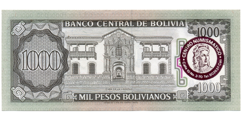 Billete Souvenir Colombia 1era Exposición Numismática 1989 sobre Billete de Bolivia 1000 Pesos 1982   - Numisfila