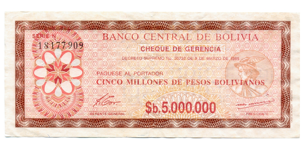 Billete Bolivia 5.000.000 Pesos Bolivianos 1985 - Cheque Oficial de Circulación - Numisfila
