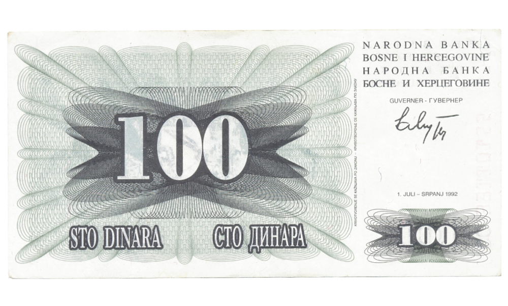 Billete Bosnia y Herzegovina 100 Dinara 1992  - Numisfila
