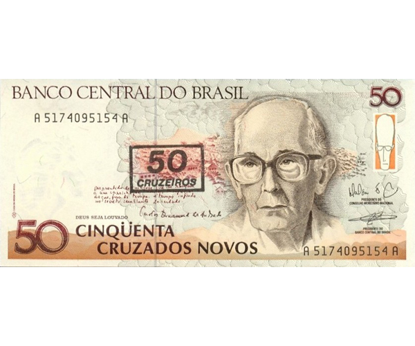 Billete Brasil 50 Cruzeiros en 50 Cruzados Nuevos 1990 - Numisfila