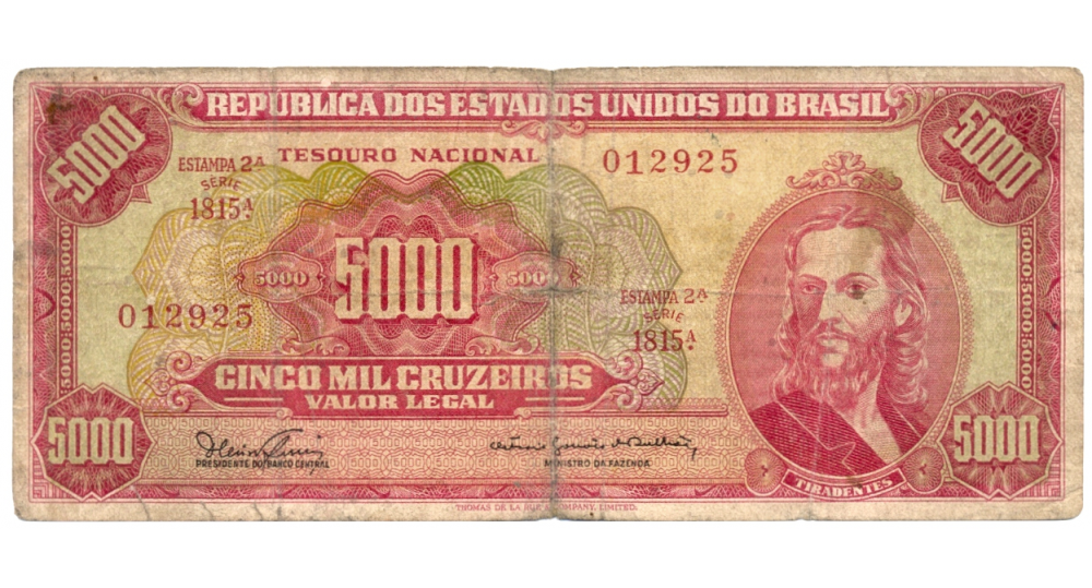 Billete Brasil 5000 Cruzeiros 1965 Serial 012925  - Numisfila